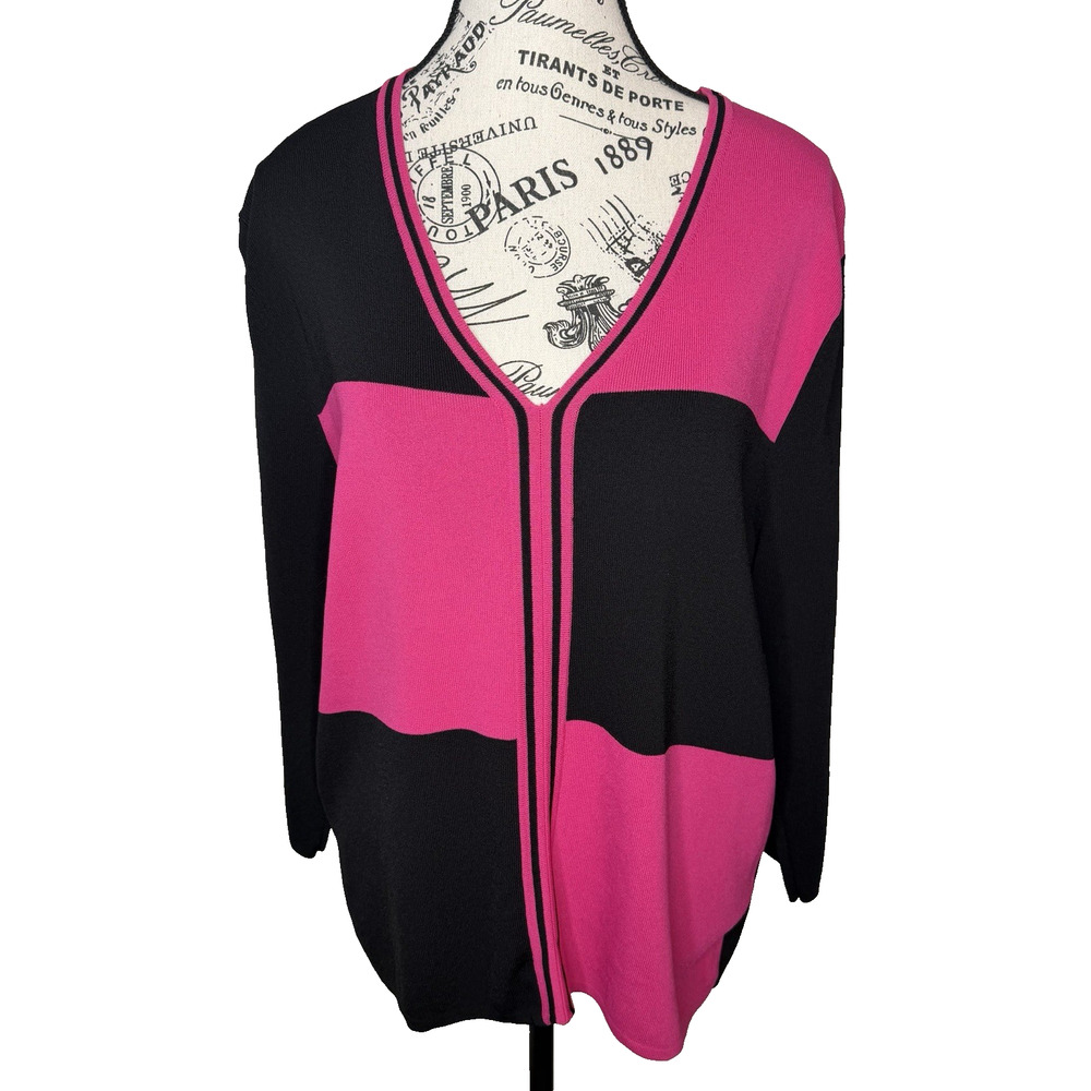 Jessica Ash Color Block Knit Sweater Size 1X Bright Pink Black 3/4 Sleeve V Neck